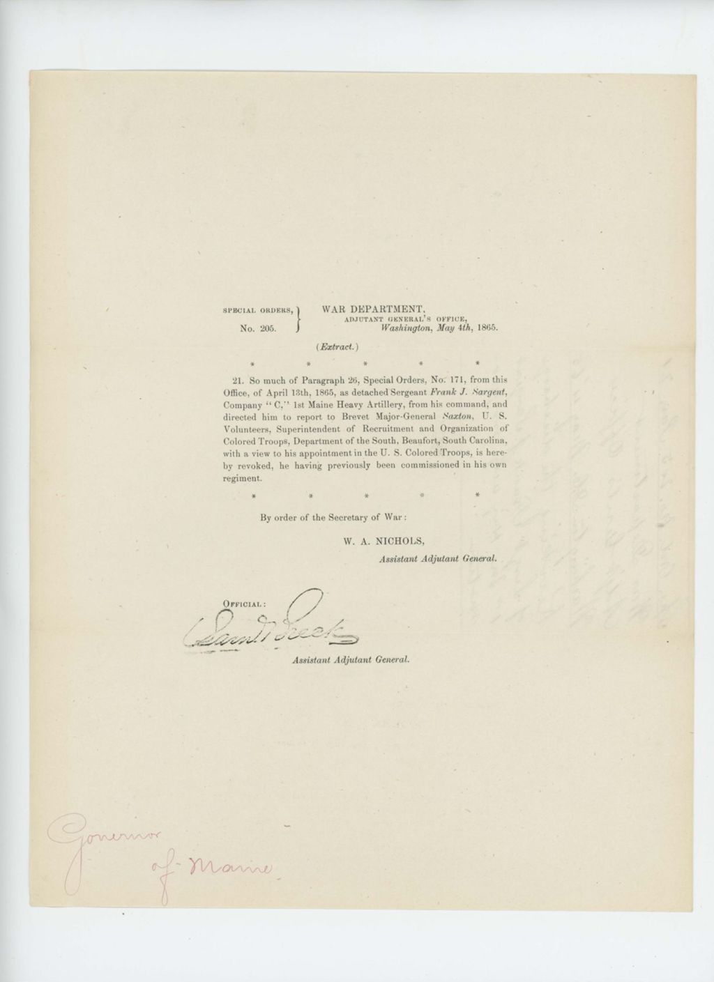Miniature of Special Order 205 revoking appointment of Sergeant Frank J. Sargent to the U.S. Colored Troops