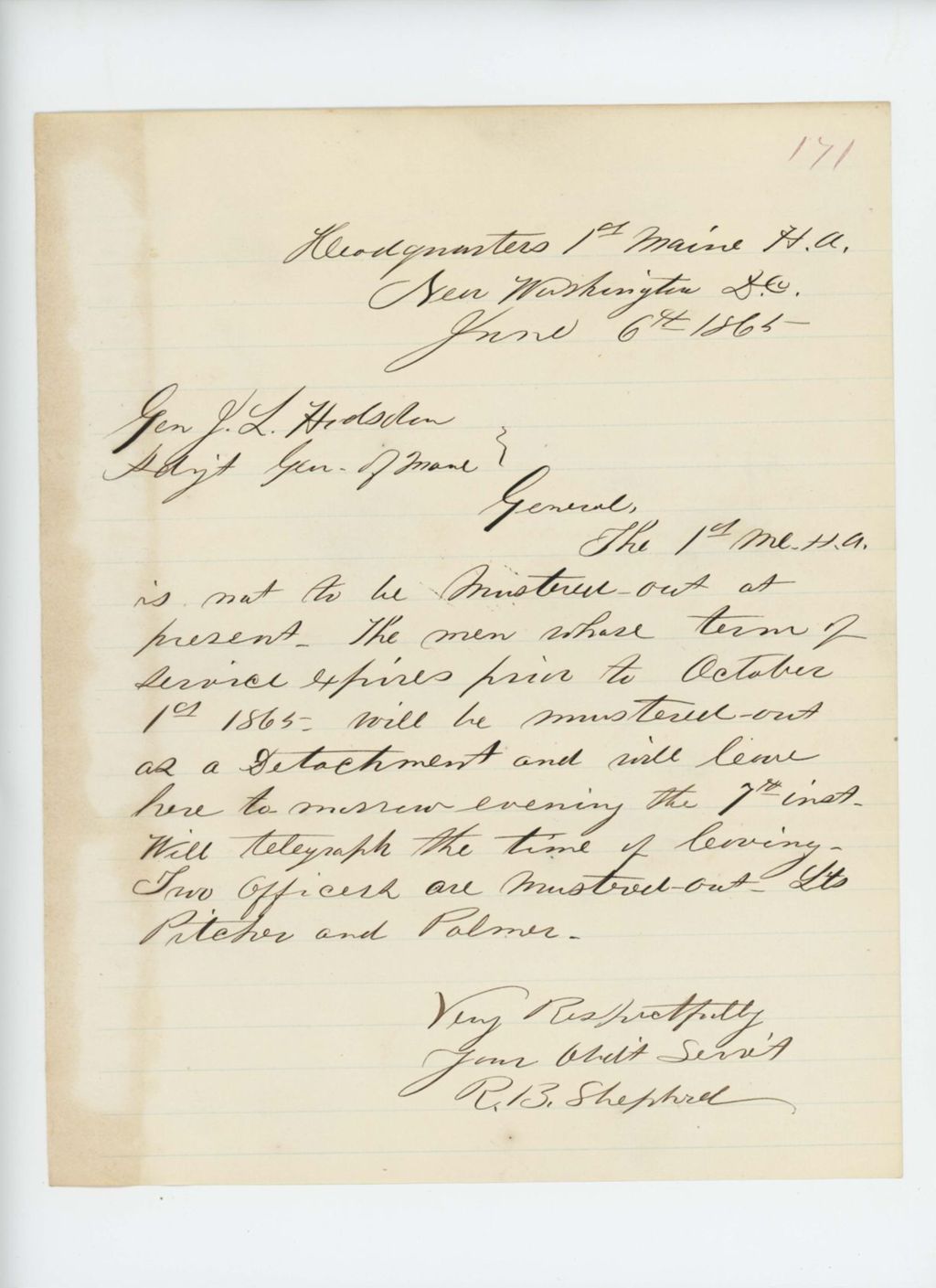 Miniature of Colonel Shepherd notifies Adjutant General Hosdson that the regiment is not to be mustered out yet