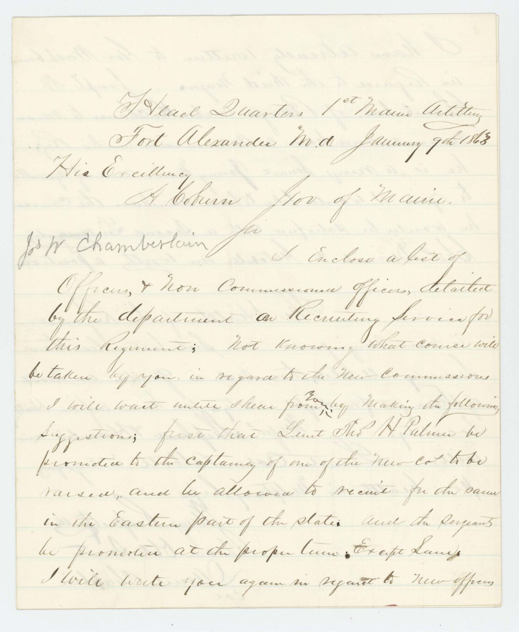 Miniature of Colonel Daniel Chaplin recommends promotions of Joseph W. Chamberlain, Charles Dwinal, and others