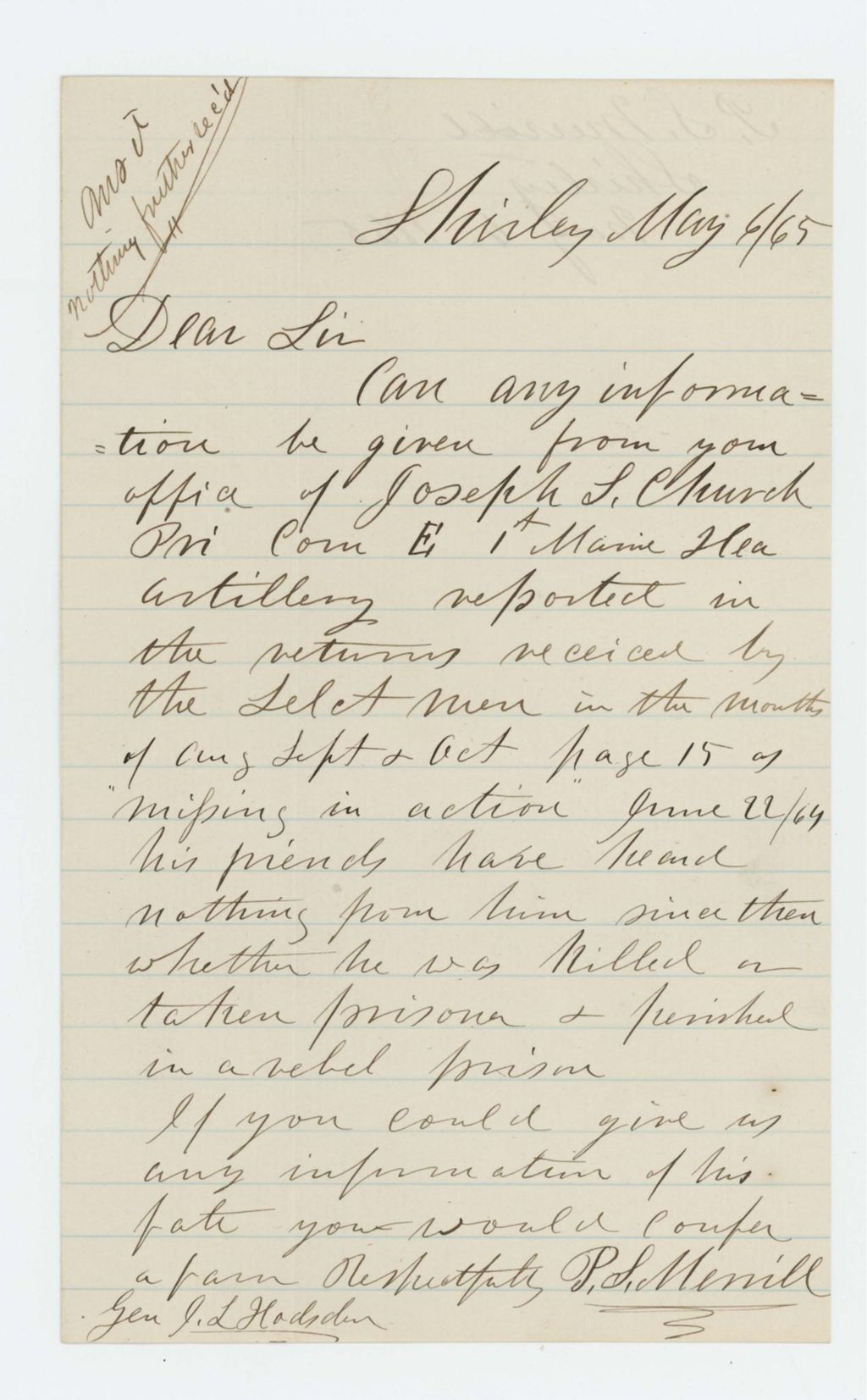 Miniature of P.S. Merrill inquires about Joseph Church of Company E, missing in action