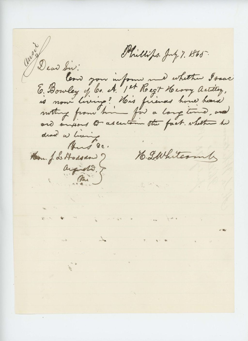 Miniature of H.L. Whitcomb inquires about fate of Isaac E. Bowley of Company A