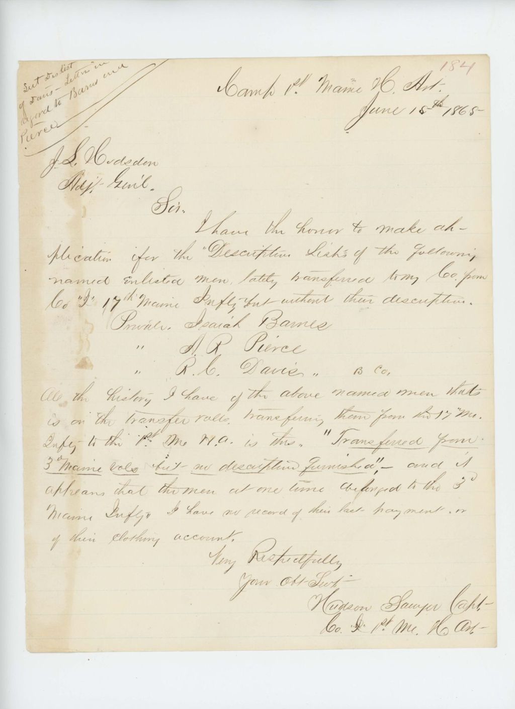 Miniature of Captain Hudson Sawyer corrects the descriptive lists for Isaiah Barnes, A.R. Pierce, and R. C. Davis