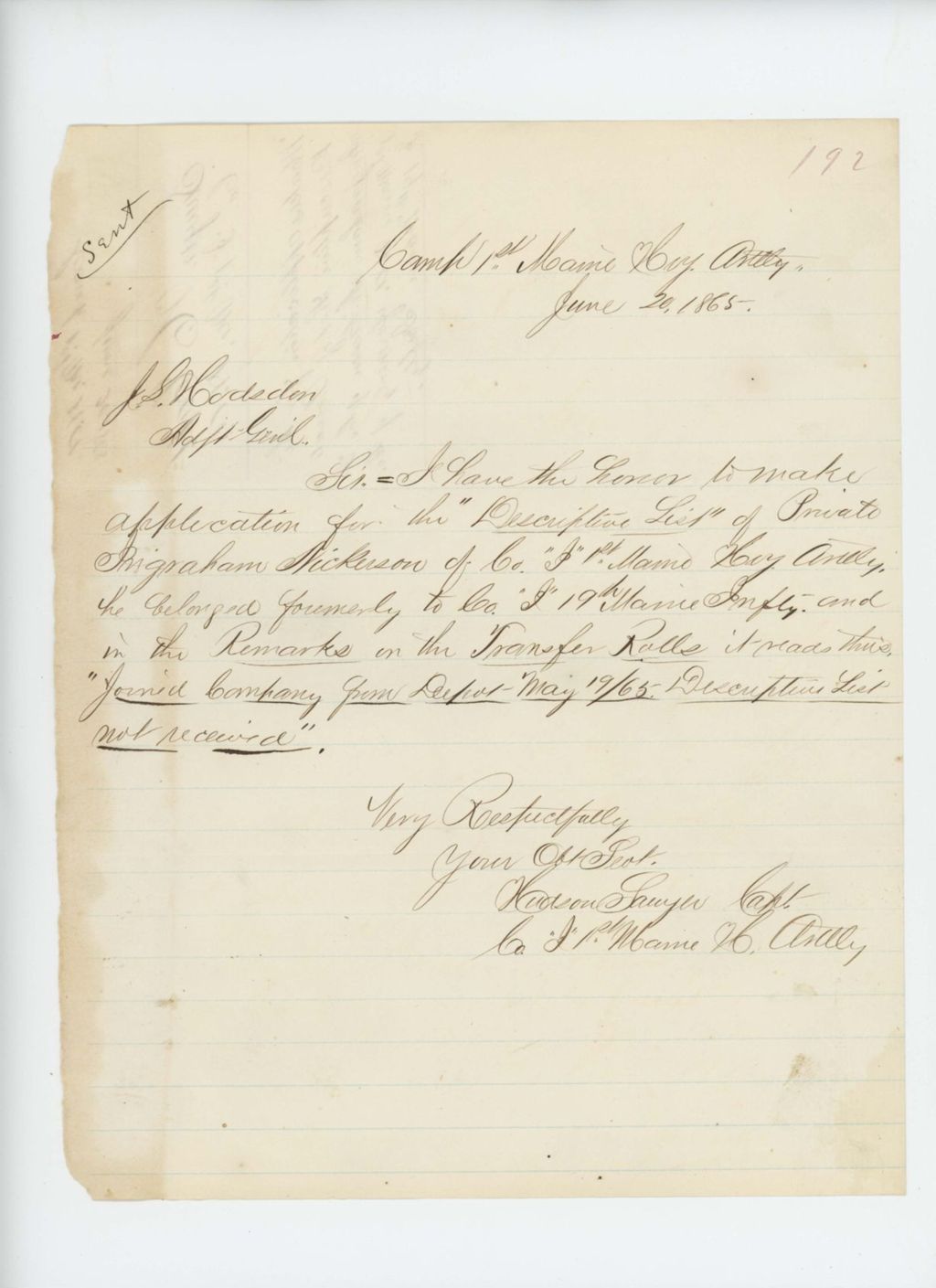 Miniature of Captain Hudson Sawyer writes Adjutant General Hodsdon regarding descriptive list for Private Ingraham Nickerson