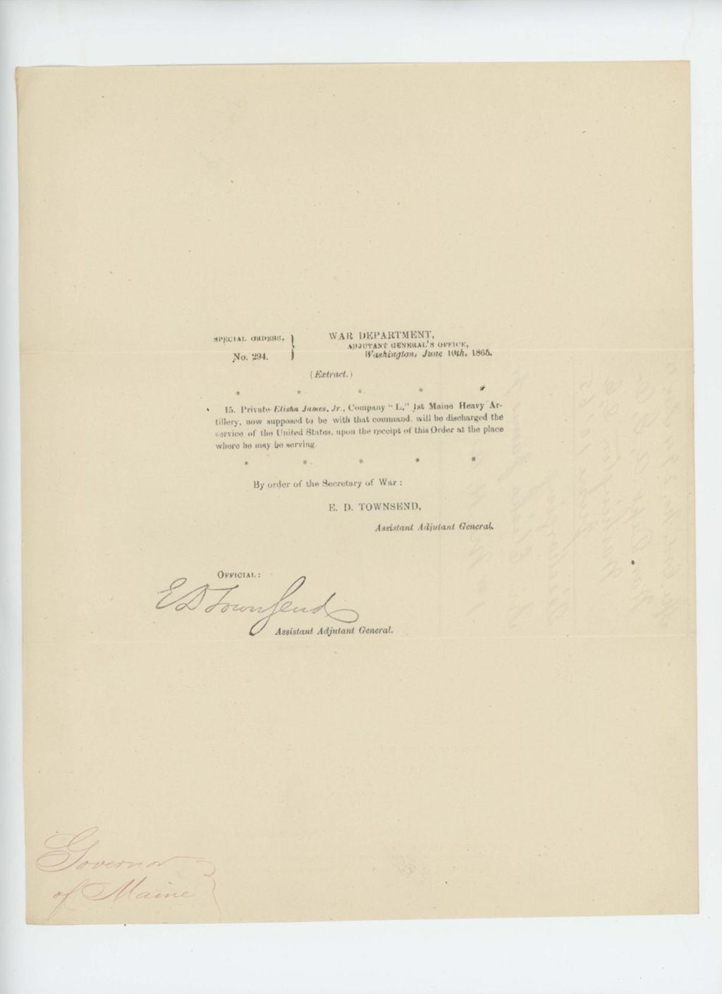 Miniature of Special Order 294 discharging Private Elisha James, Jr. from Company L