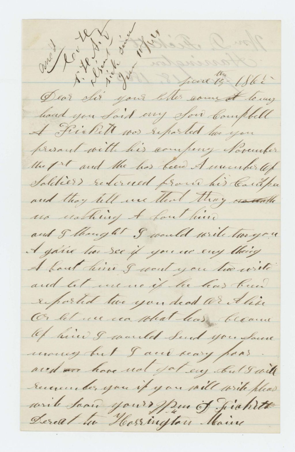 Miniature of William D. Fickett asks what has become of his son Campbell