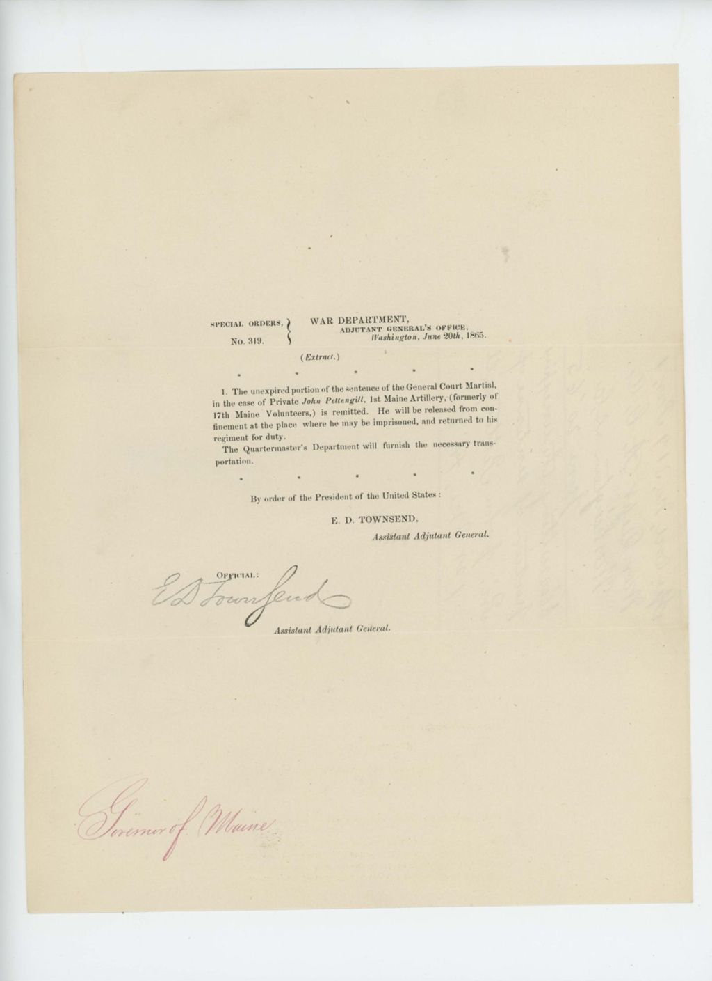 Miniature of Special Order 319 releasing Private John Pettengill from imprisonment and returning him to duty