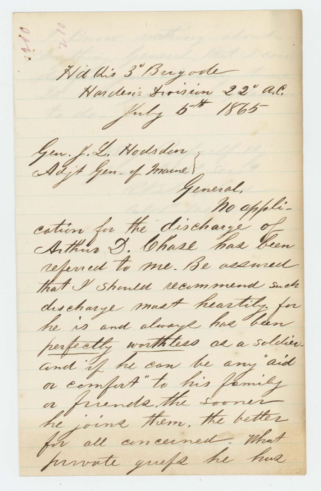 Miniature of Colonel Russell Shepherd wishes for a discharge for Arthur D. Chase, for "he is and always has been perfectly worthless as a soldier"