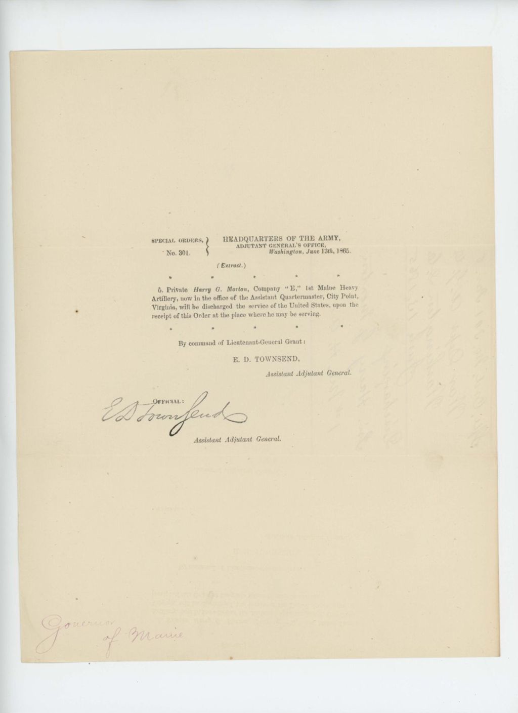 Miniature of Special Order 301 discharging Private Harry G. Morton of Company E from service