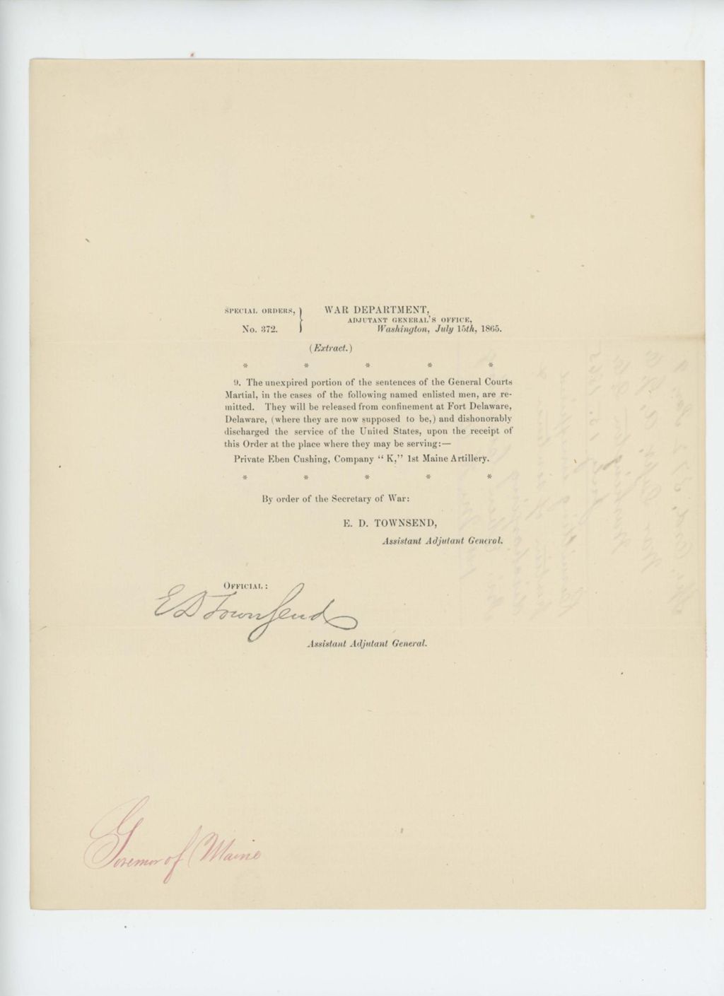 Miniature of Special Order 372 releasing Private Eben Cushing, Company K, from prison at Fort Delaware and dishonorably discharging him from service