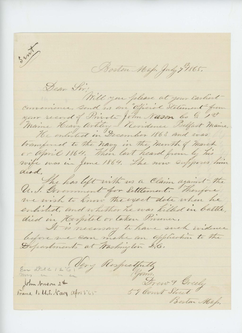 Miniature of Drew & Greely request information on Private John Nason of Company G, not heard from since June 1864
