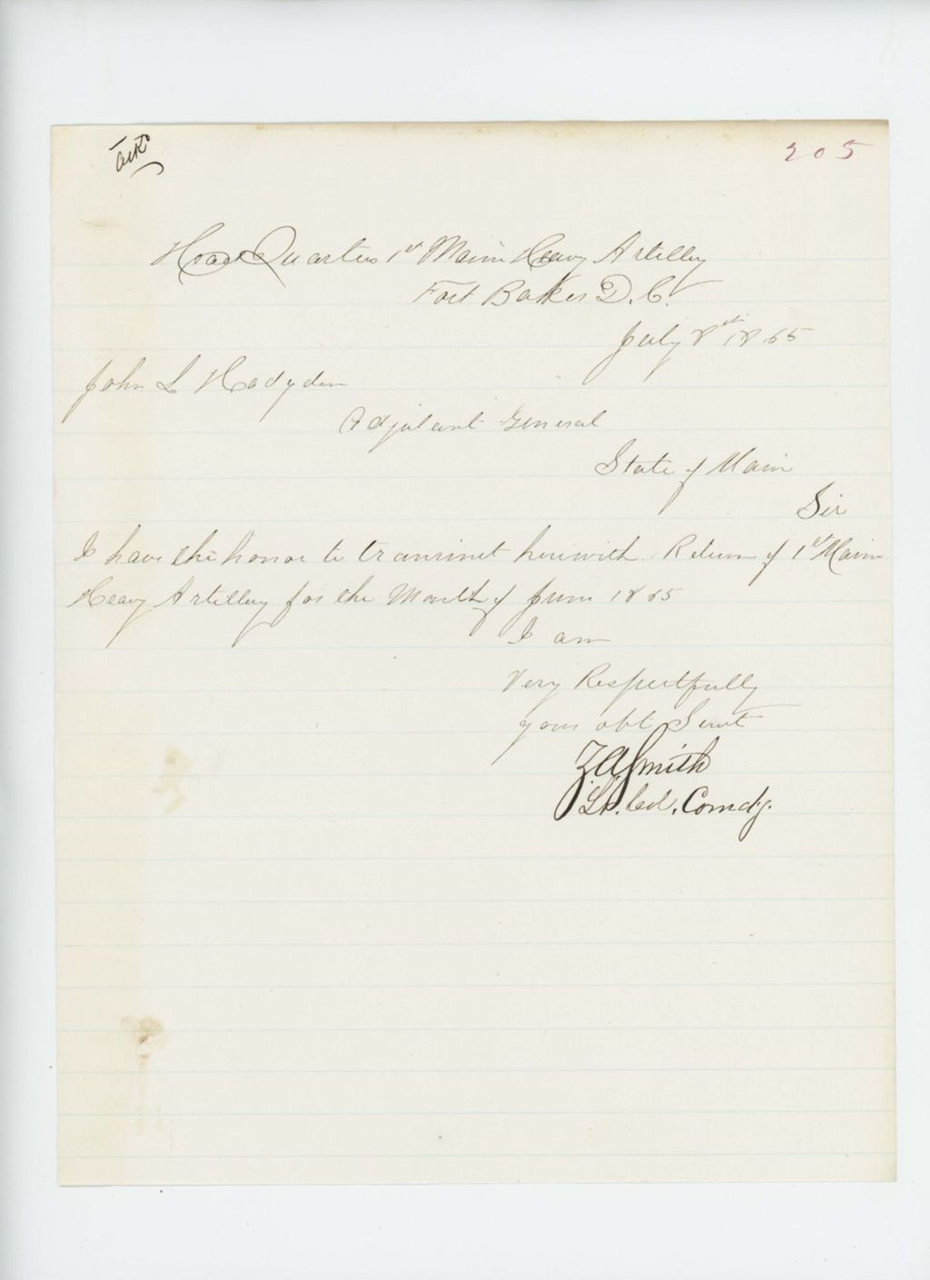 Miniature of Lieutenant Colonel Zemro A. Smith transmits the June 1865 monthly return