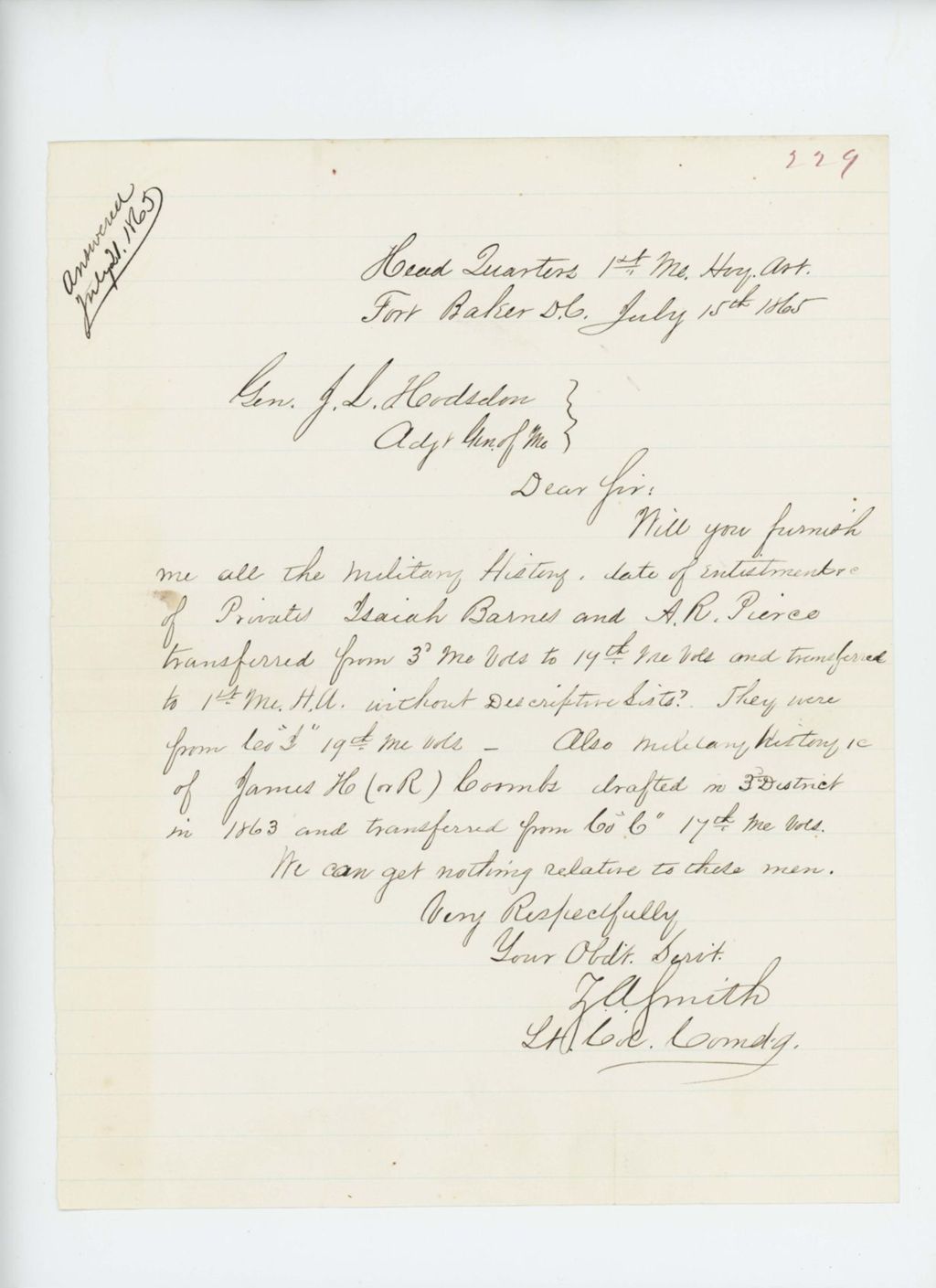 Miniature of Lieutenant Colonel Zemro Smith requests military history of Privates Isaiah Barnes and A.R. Pierce