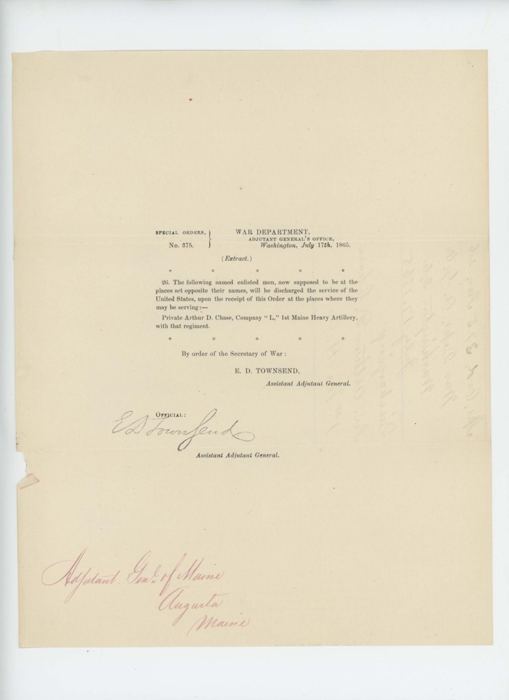 Miniature of Special Order 375 discharging Private Arthur D. Chase from service