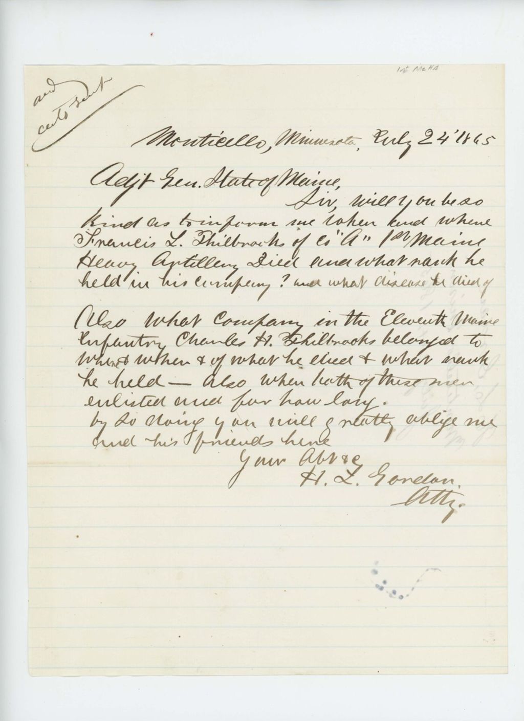 Miniature of Attorney H.L. Gordon inquires about the death of Francis L. Philbrook of Company A and of Charles H. Philbrook
