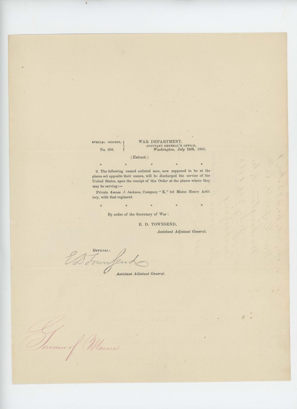 Miniature of Special Order 393 discharging Private Amasa J. Jackson from service