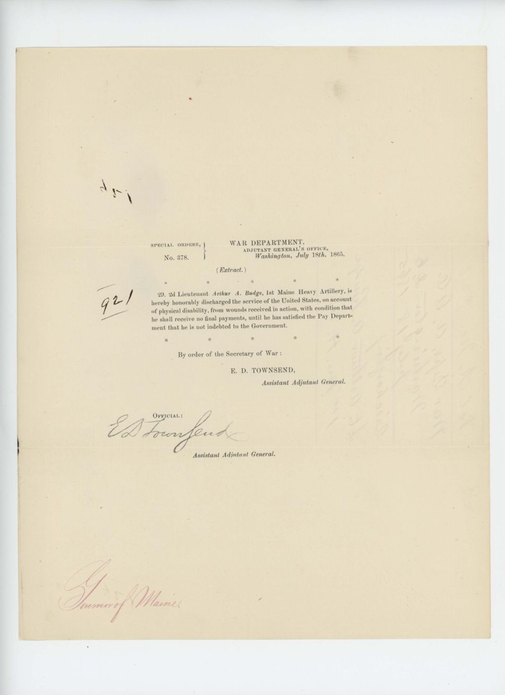 Miniature of Special Order 378 honorably discharging Lieutenant Arthur A. Badge from service for wounds received in action