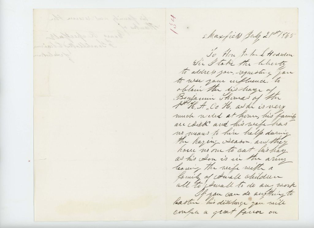 Miniature of Selectmen of Maxfield request discharge of Benjamin Thomas of Company H as his family is sick