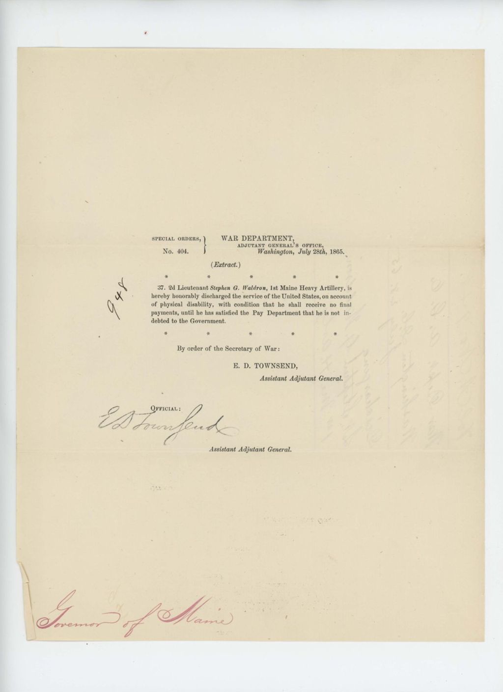 Miniature of Special Order 404 honorably discharging Lieutenant Stephen G. Waldron from service