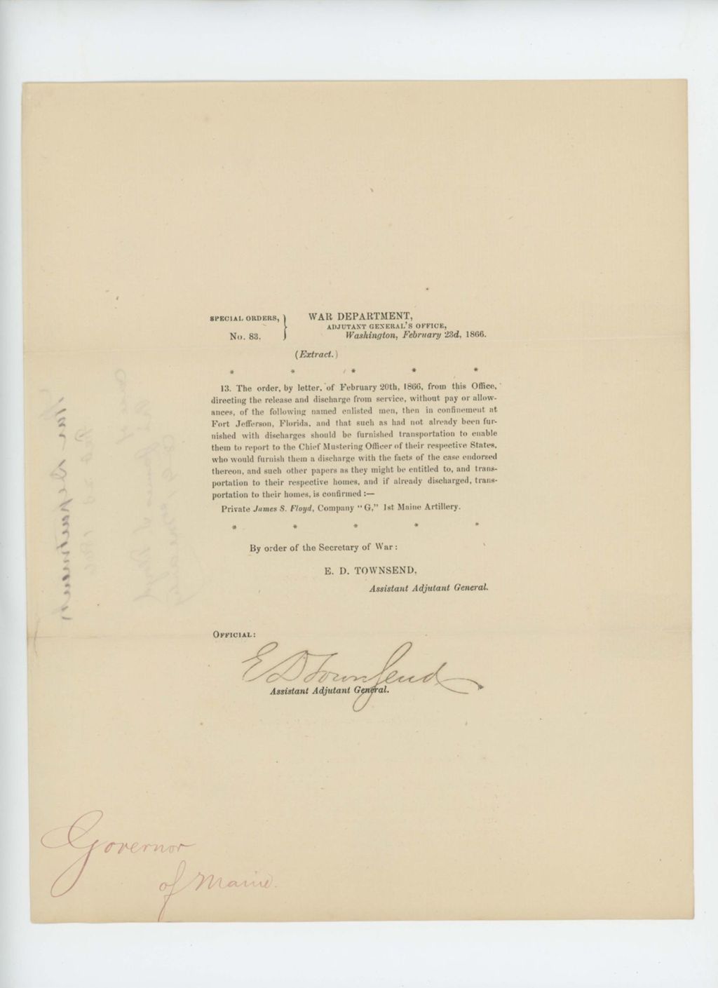 Miniature of Special Order 83 discharging Private James S. Floyd from prison in Fort Jefferson and from service