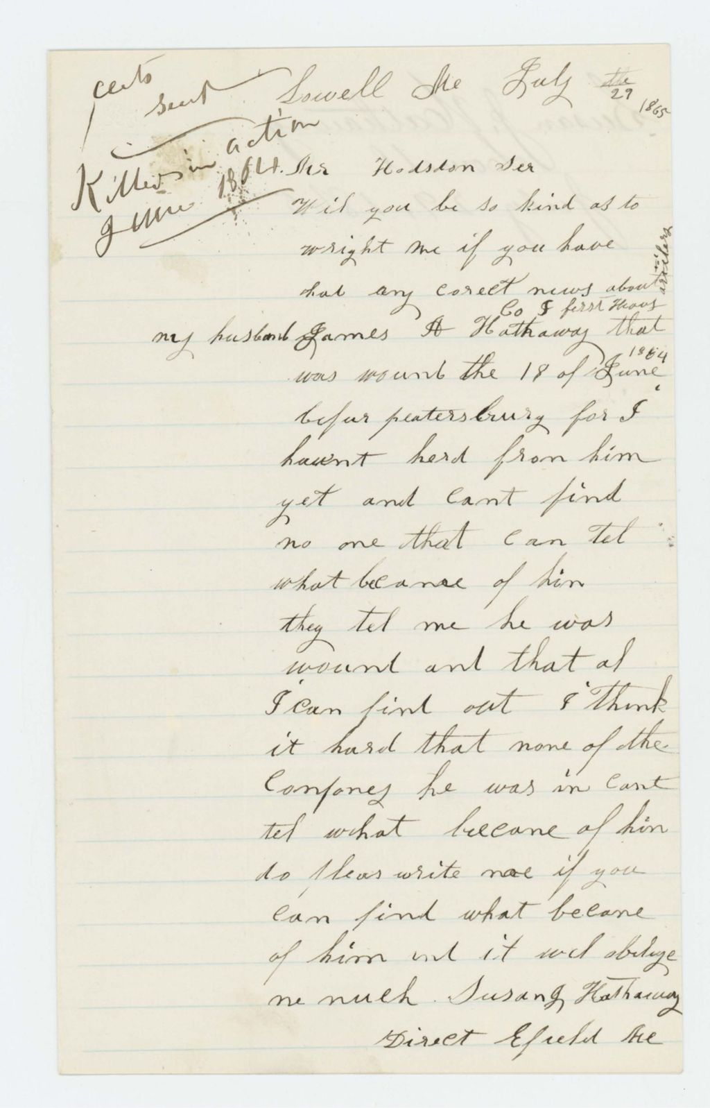 Miniature of Susan J. Hathaway requests information about her husband James H. Hathaway who was wounded at Petersburg June 18