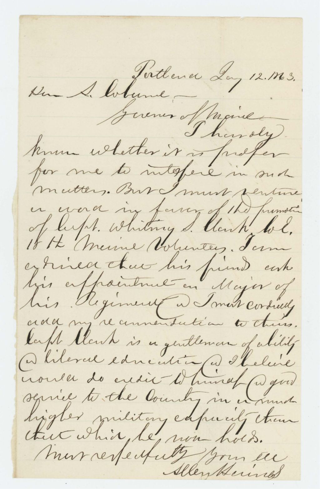 Miniature of Allen Haines recommends promotion of Captain Whiting S. Clark