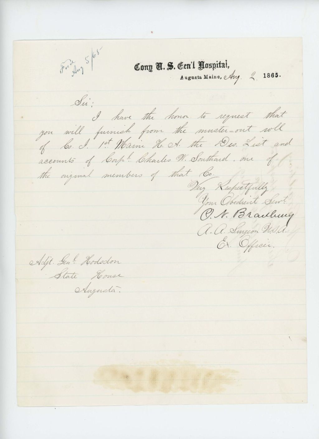 Miniature of Surgeon O.N. Bradbury requests muster out roll of Company I, and the descriptive list and accounts of Captain Charles W. Southard
