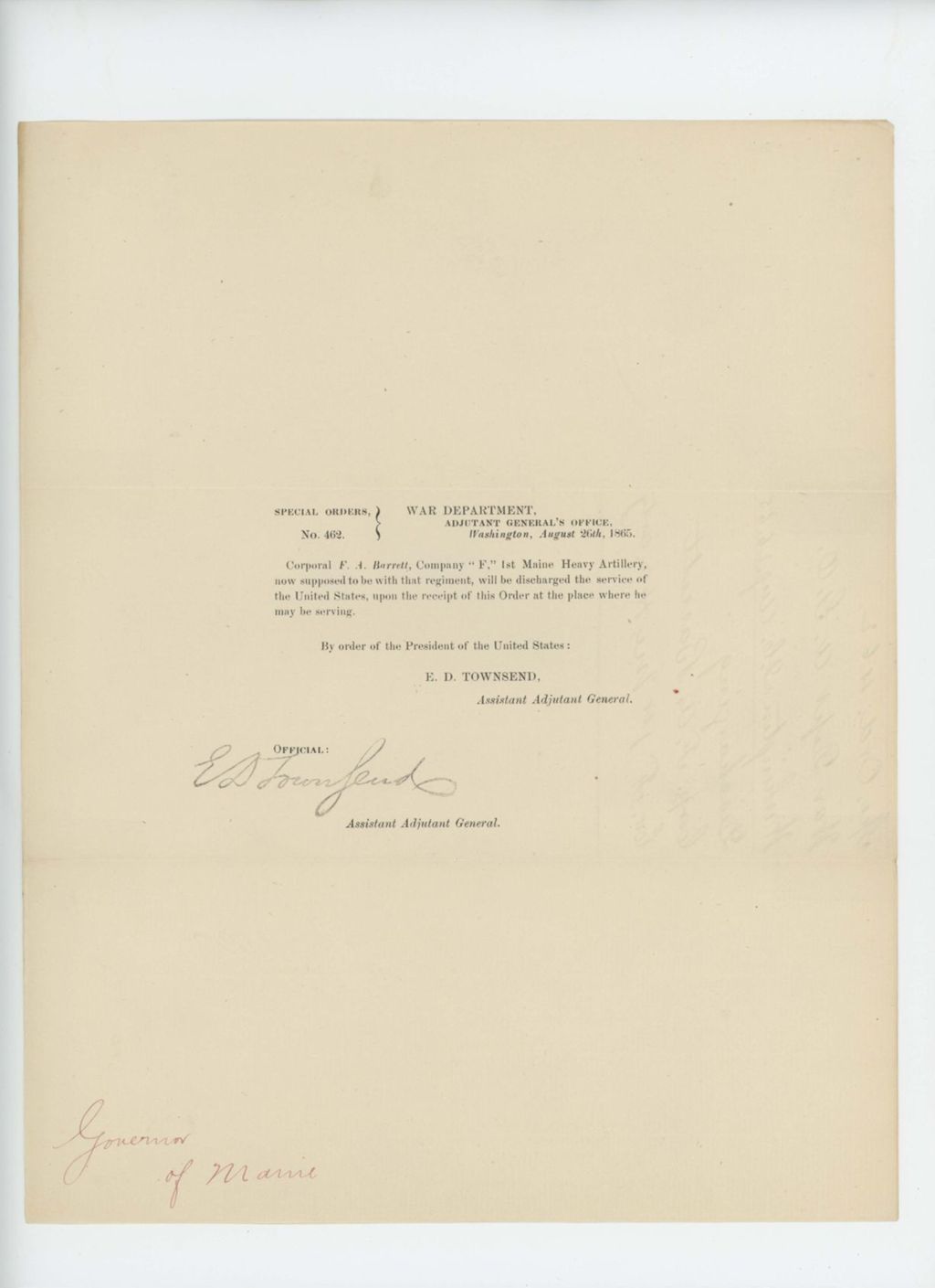 Miniature of Special Order 462 discharging Corporal F.A. Barrett from service