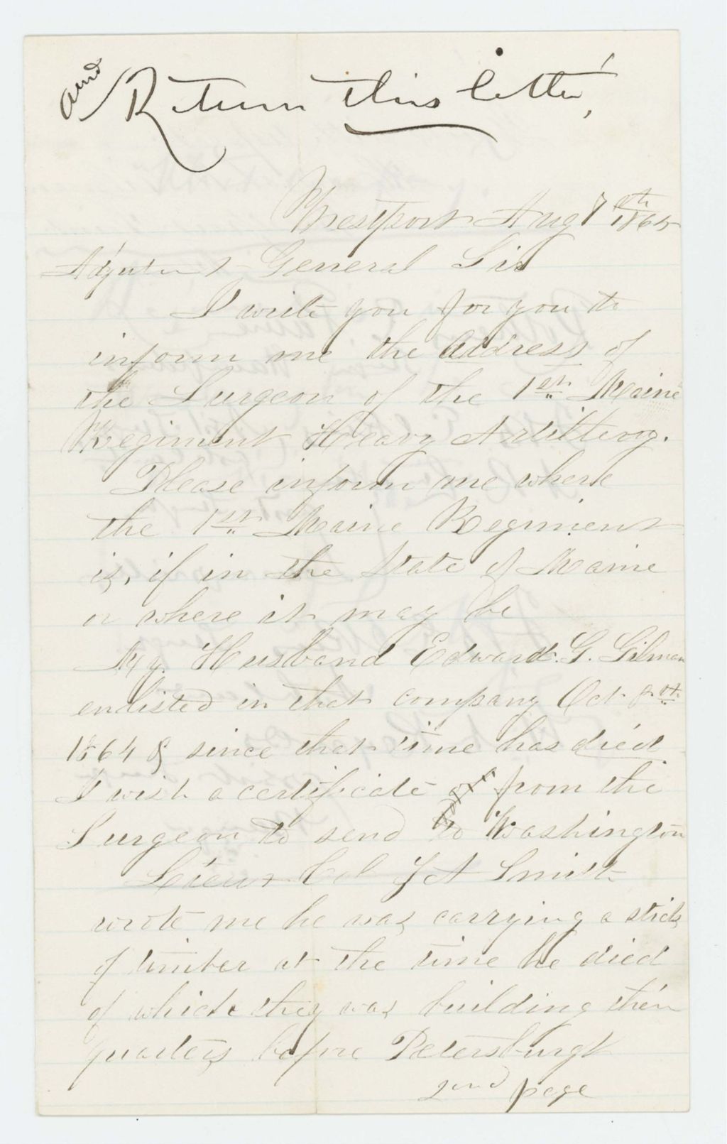 Miniature of Hannah M. Gilman requests contact information of regimental surgeons and death certificate for her husband Edward