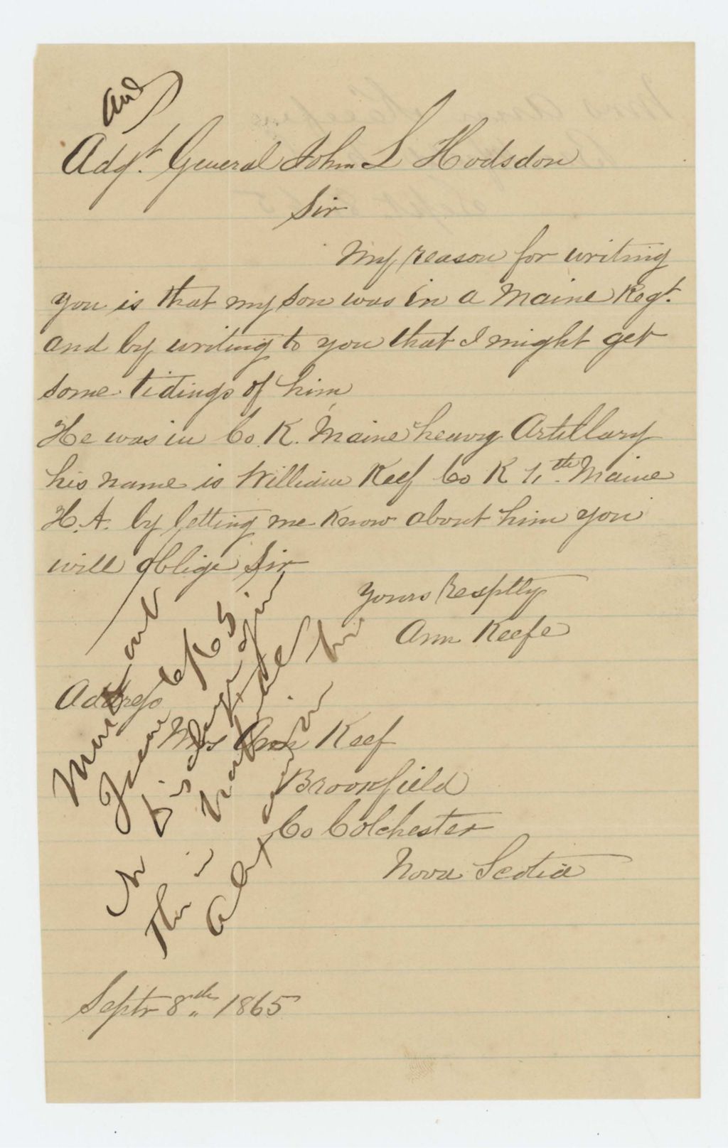 Miniature of Ann Keef of Nova Scotia requests information about her son William of Company K