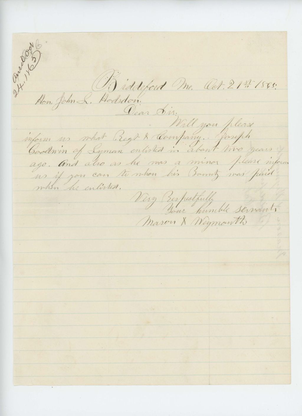Miniature of Mason Weymouth inquires about Joseph Goodwin of Lyman