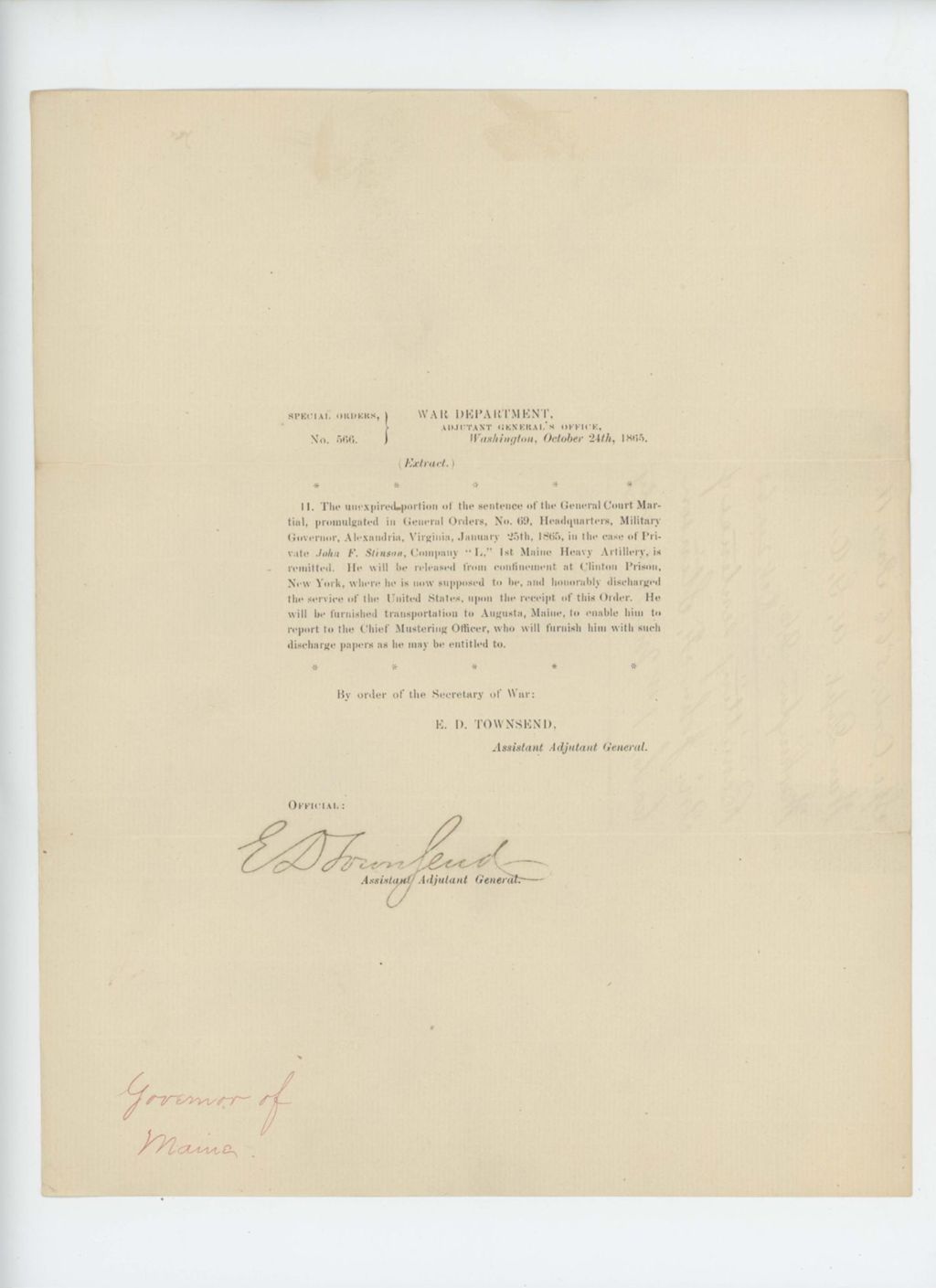 Miniature of Special Order 566 regarding Private John Stinson, who is to be released from prison and honorably discharged from service