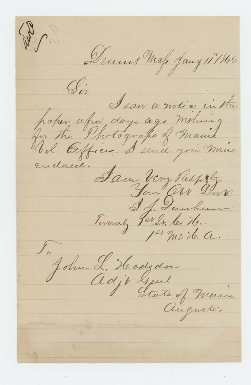 Miniature of Lieutenant I.J. Dunham sends his photograph to the Adjutant General