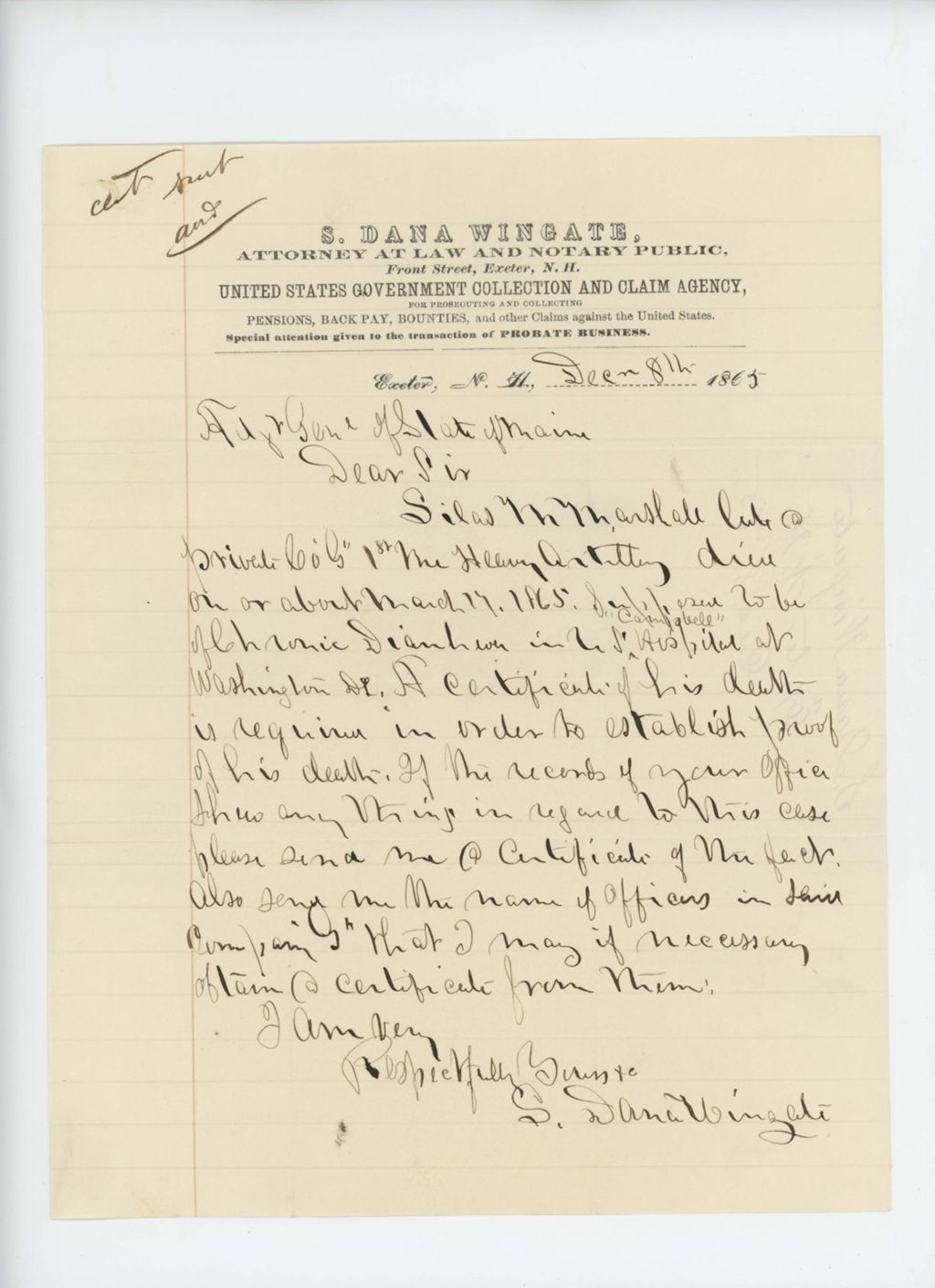 Miniature of S. Dana Wingate requests death certificate for Silas M. Marsh of Company G who died of disease