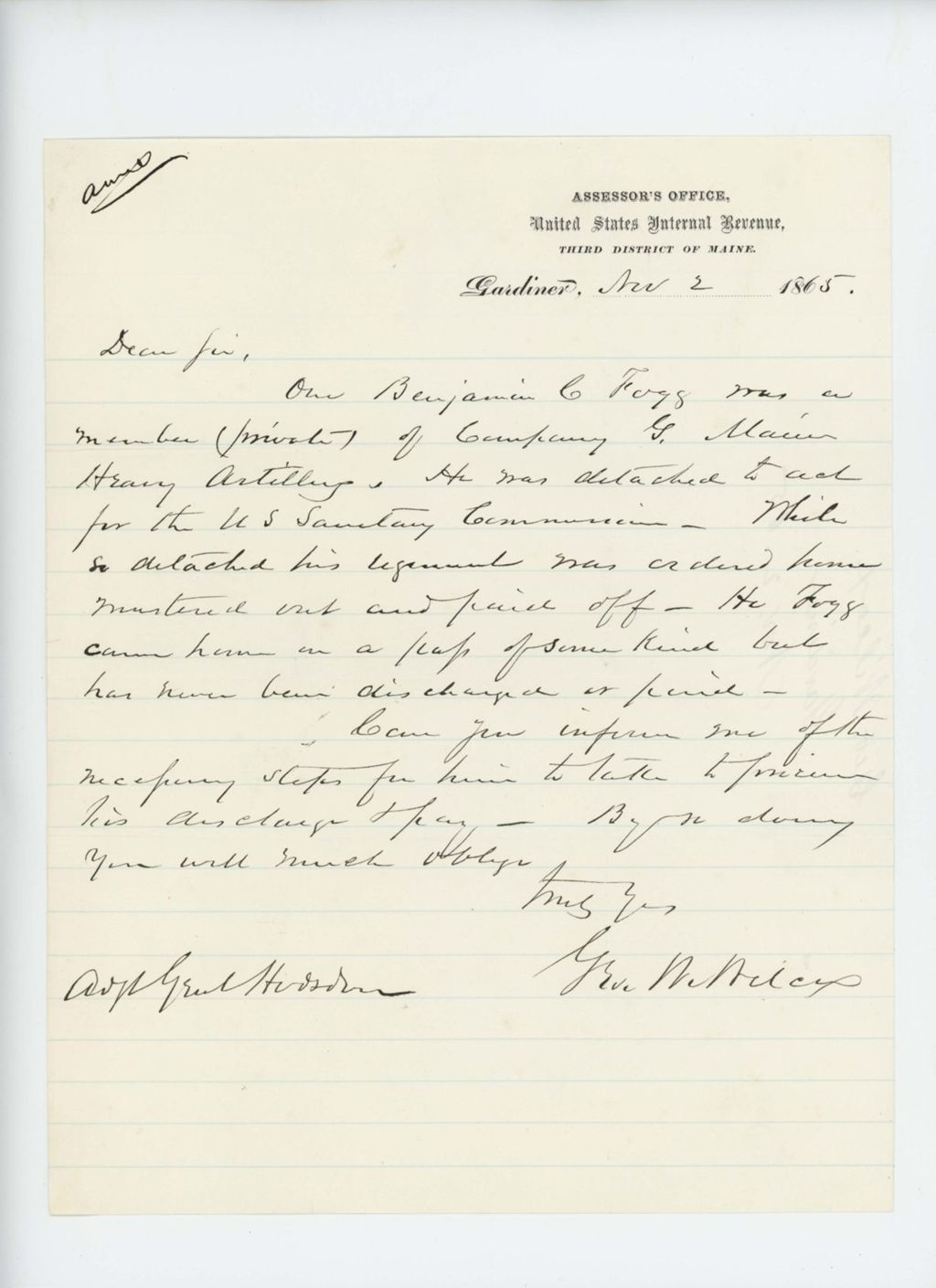 Miniature of George Wilcox of the Assessor's Office inquires about Benjamin C. Fogg of Company G, who was detached to the U.S. Sanitary Commission