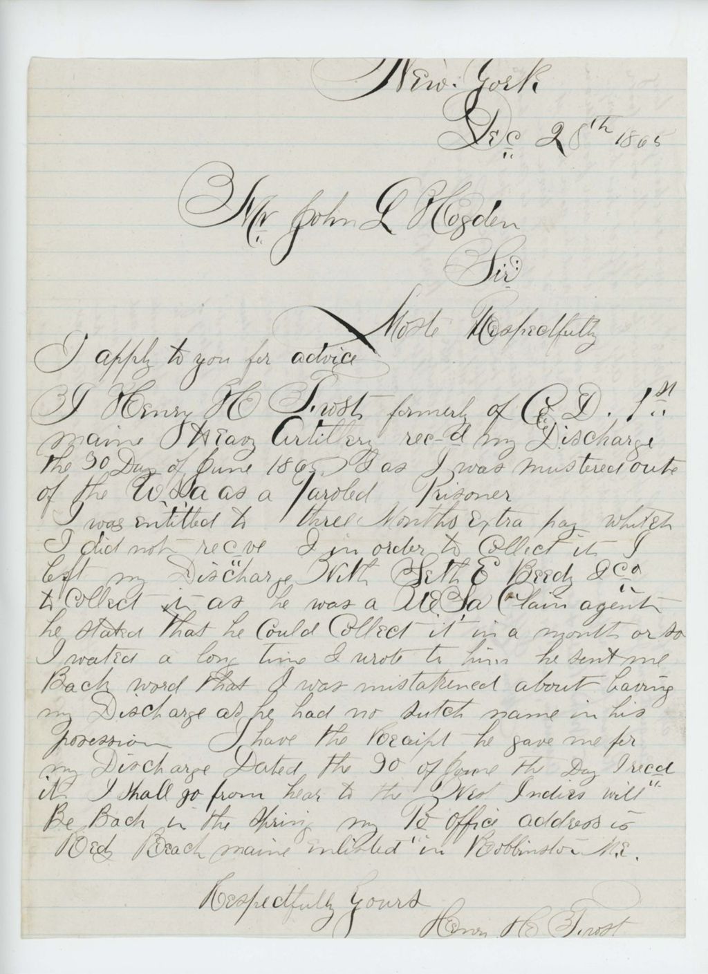Miniature of Henry H. Frost of Company D inquires about his discharge papers as a paroled prisoner