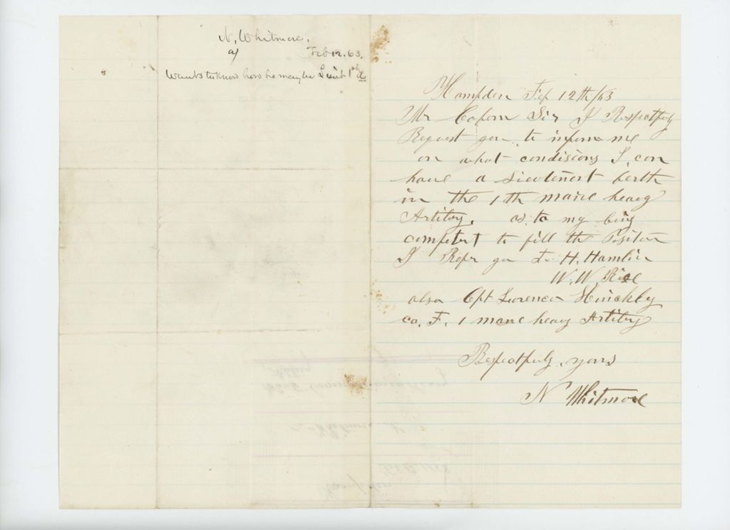 Miniature of N. Whitmore of Hampden requests an artillery commission