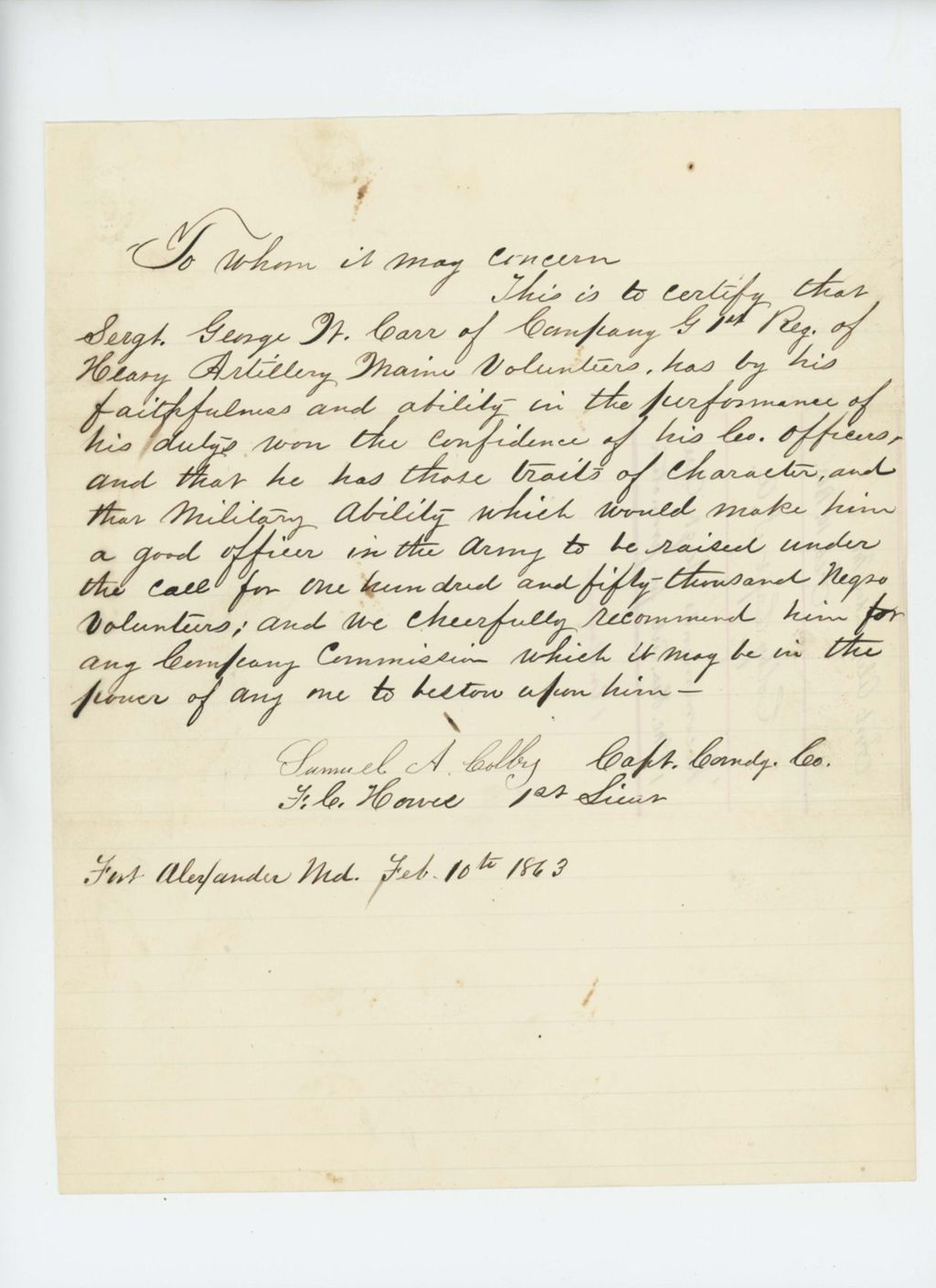 Miniature of Captain Samuel A. Colby and Frederic C. Howes recommend Sergeant George Carr for promotion to the USCT