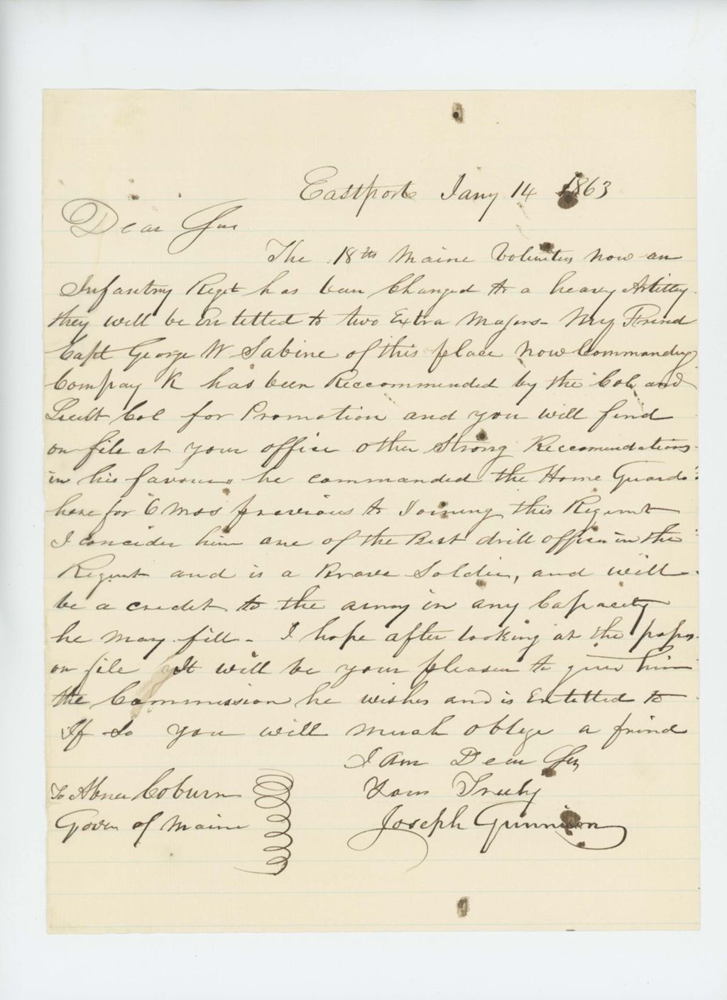 Miniature of Joseph Gunnison recommends his friend George W. Sabine for promotion to Major
