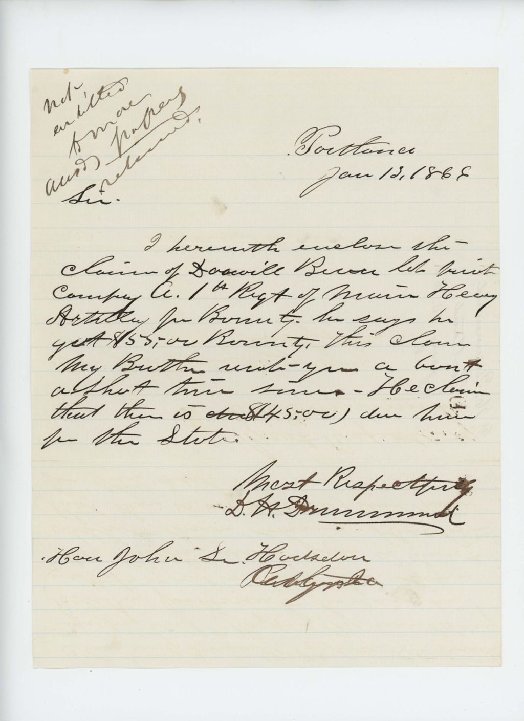 Miniature of D.H. Drummond encloses the claim of Danville Brown for payment