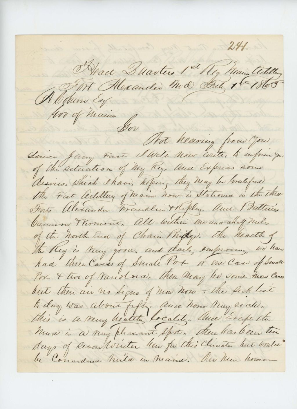 Miniature of Colonel Chaplin reports to Governor Coburn on the sanitary condition of the regiment and recommends promotions
