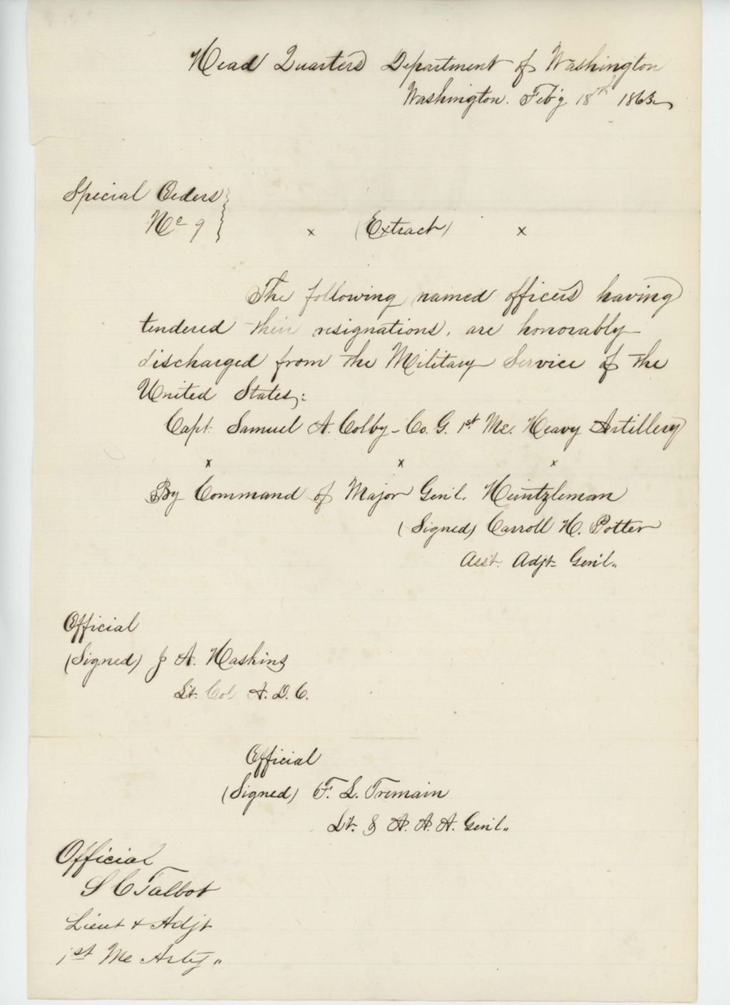 Miniature of Special Order 9 regarding honorable discharge of Captain Samuel A. Colby