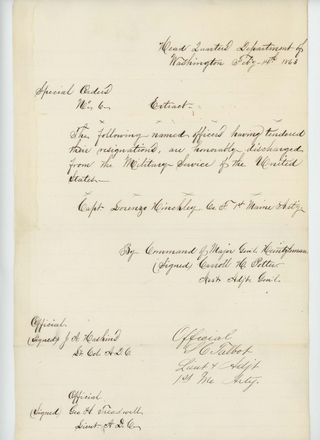 Miniature of Special Order 6 regarding honorable discharge of Captain Lorenzo Hinckley of Company F