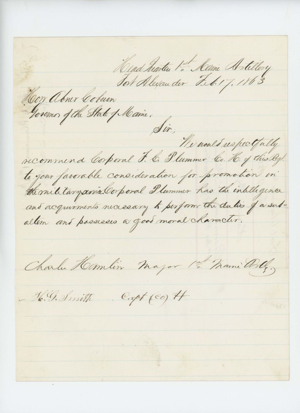 Miniature of Major Charles Hamlin recommends Corporal Fernando C. Plummer for promotion