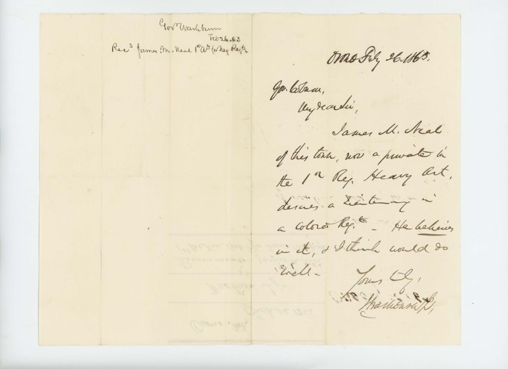 Miniature of Israel Washburn writes to Governor Coburn recommending James M. Neal for Lieutenant in the USCT