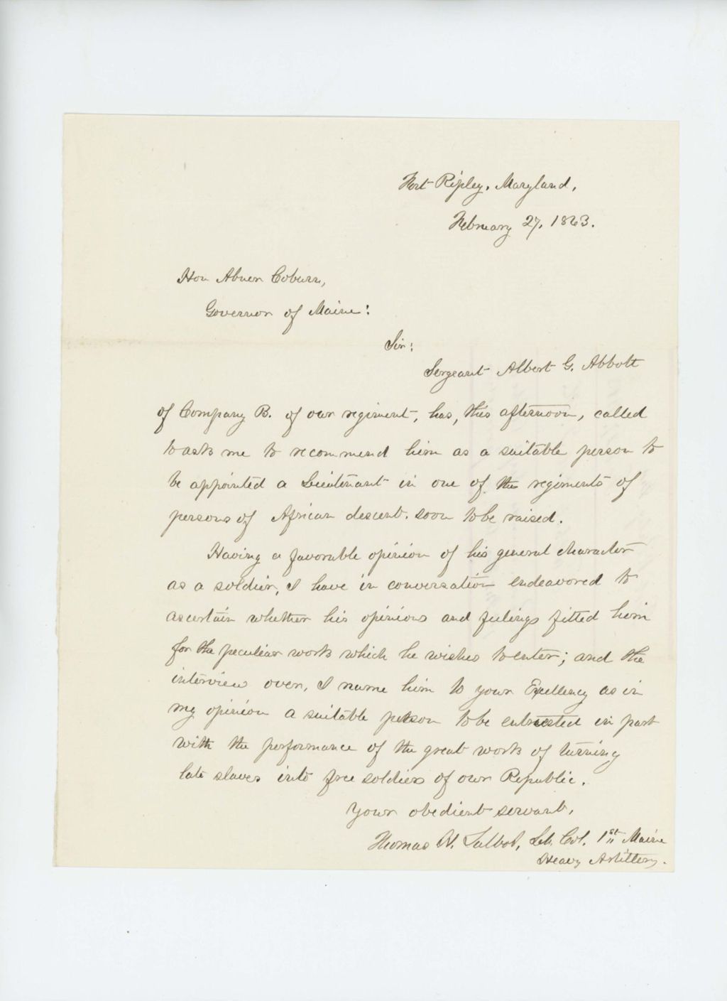 Miniature of Colonel Thomas H. Talbot recommends Sergeant Albert G. Abbott for lieutenant position in USCT