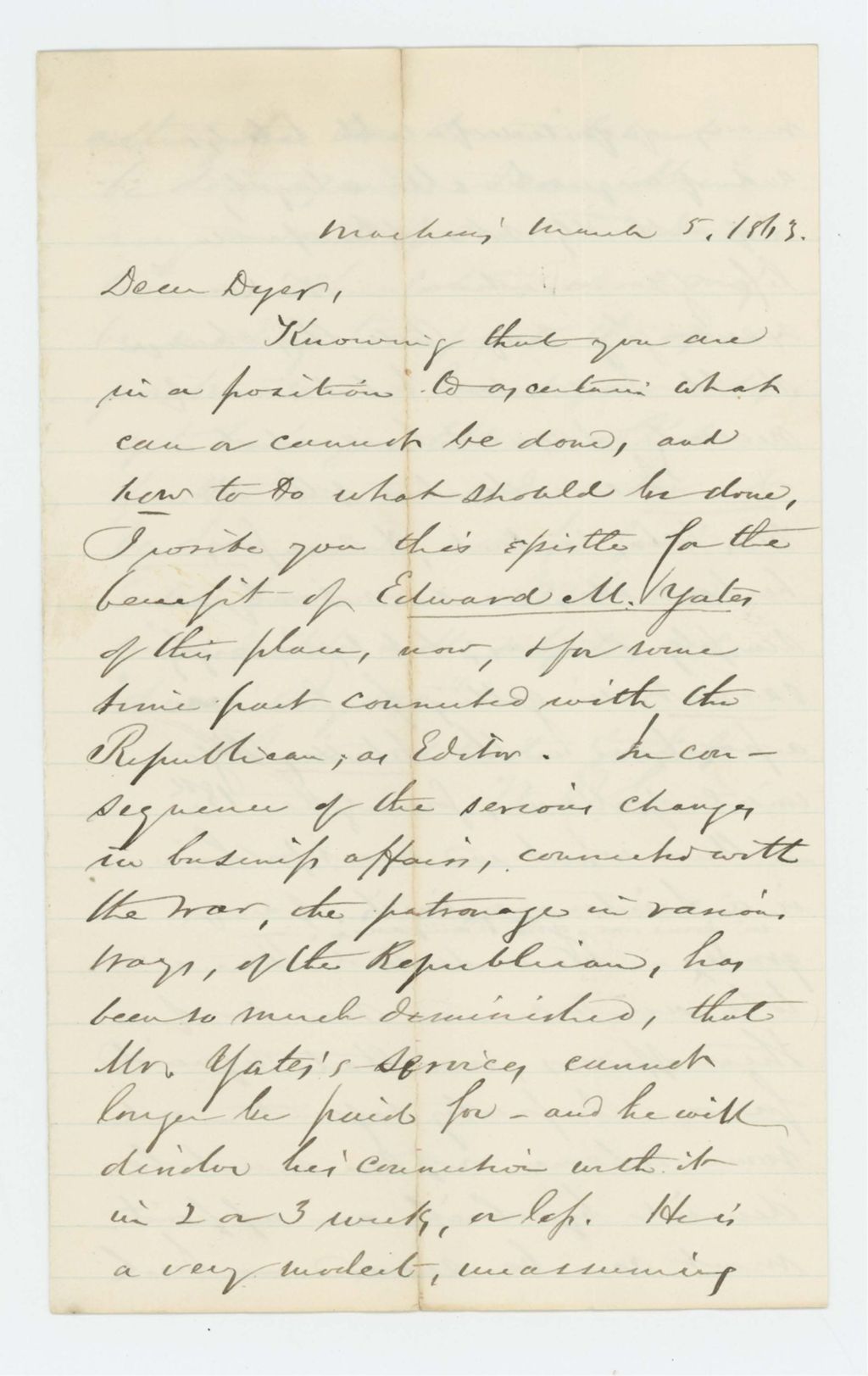 Miniature of W. Smith recommends Edward M. Yates to Mr. Dyer for a position in the regiment