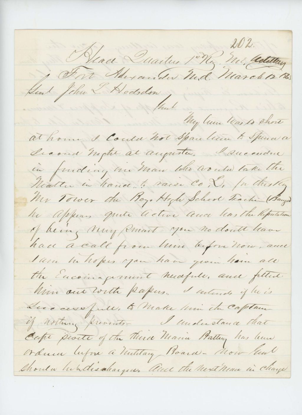 Miniature of Colonel Daniel Chaplin inquires if the 3rd Maine Battery is to be transferred to the 1st Maine Heavy Artillery