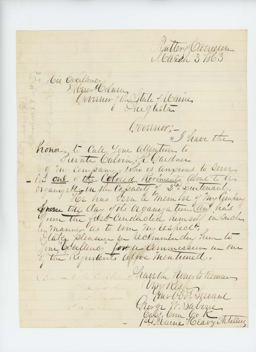 Miniature of Captain George W. Sabine recommends Private Calvin R. Gardner for a position in the USCT