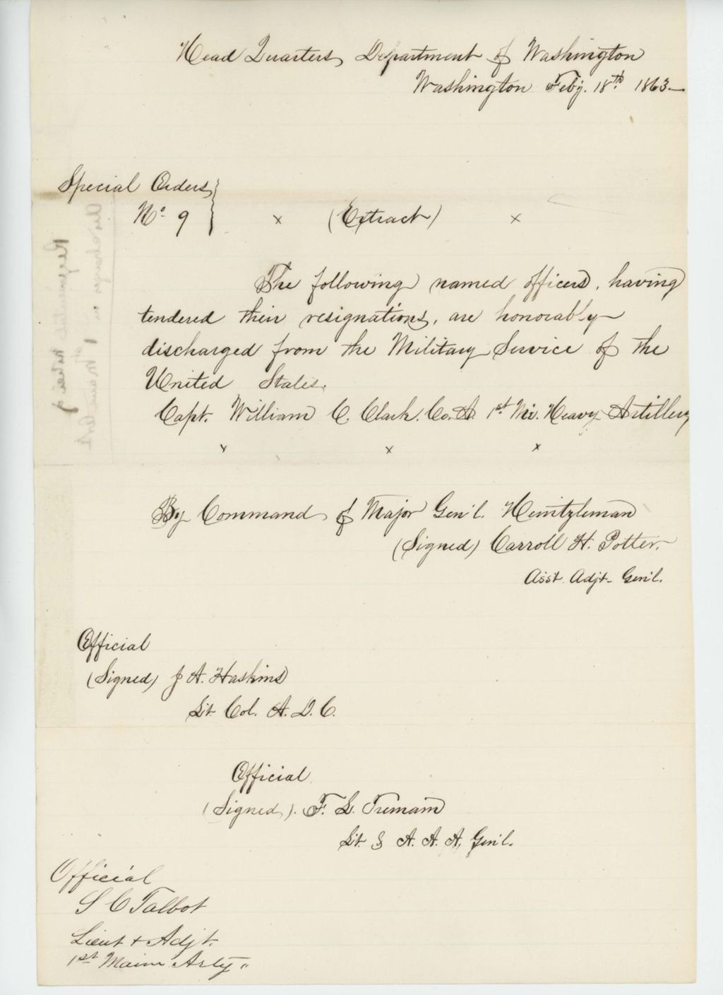Miniature of Special Order 9 regarding honorable discharge of Captain William C. Clark, Company A