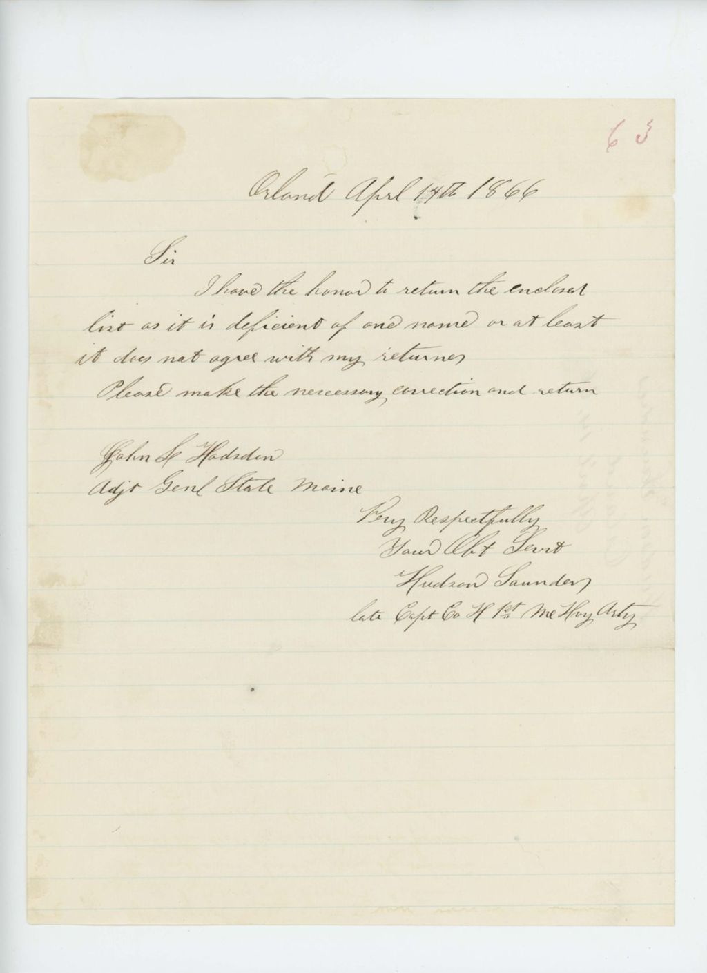 Miniature of Captain Hudson Saunders returns incorrect list to Adjutant General Hodsdon for correction